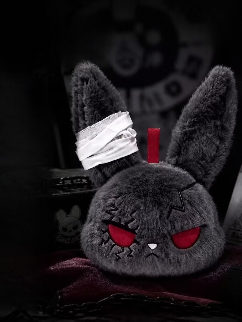 Dark Gray Plush Bunny Bag Charm Keychain with Red Eyes NWOT
